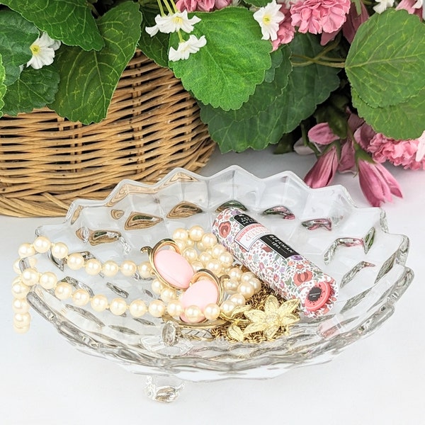 Clear Glass Round Footed Candy Dish Block Geometric | Fostoria American Small Glass Bowl Three Toe | Pretty Trinket Vanity Tray Jewelry Dish