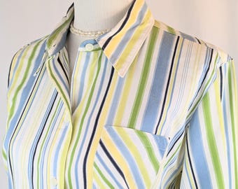 Women’s Striped Cotton Oxford Dress Shirt Size Large | Vintage 100% Cotton Striped Dress Shirt | Ladies 1990s Business Office Dress Blouse