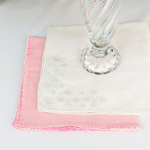 Antique Embroidered Organza Linen Cocktail Napkins | Pair of White and Pink Vintage Fancy Dinner Napkins | Square Linen Cloth Fabric Napkin