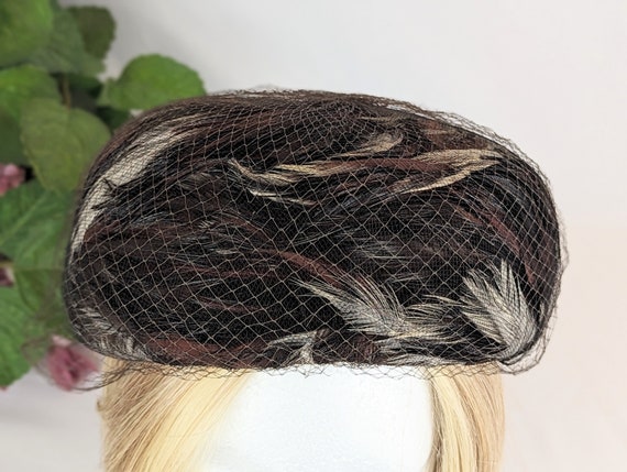 Ladies Fancy Vintage Brown Black Feather Hat | Vi… - image 7