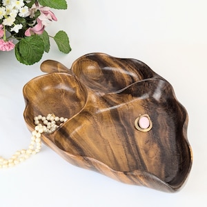 Vintage 1970s Monkey Pod Leaf-Shaped Divided Serving Tray | Retro Boho Wooden Appetizer Platter | Mid-Century Modern Home Decor