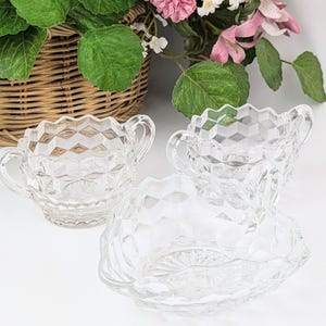 Vintage 1960s Fostoria American Clear Glass Dish & Sugar Bowls | Retro MCM Cubist Glassware | Modern Cubist Triangular Dish Sugar Bowl Set