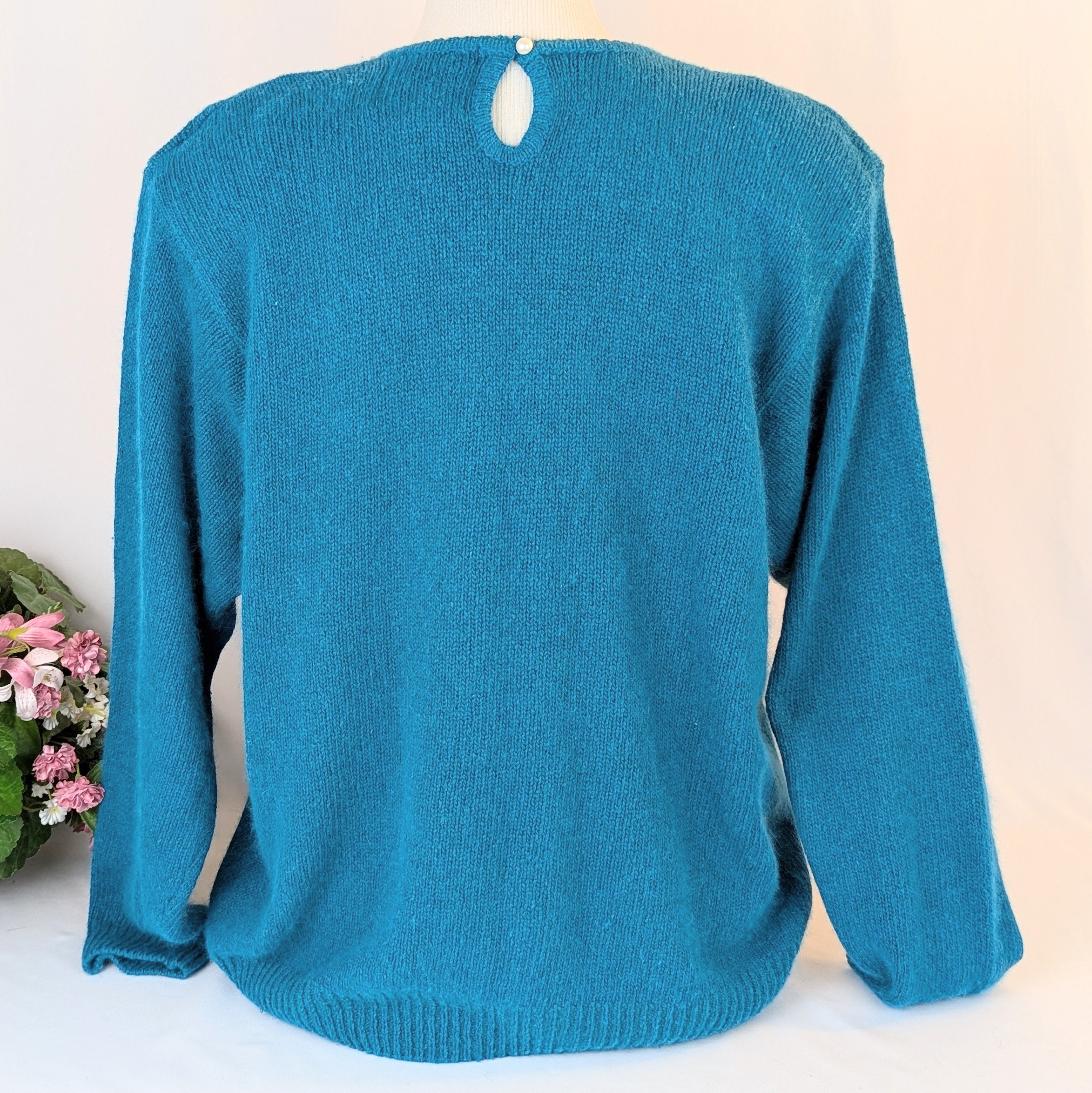 Aquamarine Cable Knit Beaded Pullover Mohair Sweater Plus 2X
