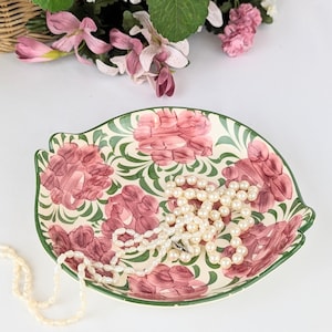 Hand-Painted Pink Floral Ceramic Dish | Vintage Pink Roses 7.5&quot; Round Ceramic Tray | Ceramic Vanity Dish with Pink Roses and Green Leaves