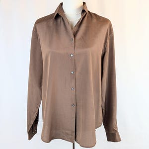 Vintage 1980s Women&#39;s Brown Silky Blouse | Women’s Brown Button-Down Dress Top Size 16 Foxcroft | 1980s Silky Collared Ladies Polyester Top