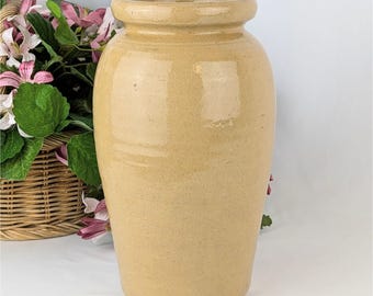 Vintage 11" Beige Glazed Stoneware Vase | Minimalist Rustic Home Decor Timeless Smooth-Rim Vessel | Classic Tan Tall Floral Display Piece