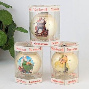 Set of 3 Norman Rockwell Round Christmas Ornaments | Vintage 1979 1980 1981 Collectible Dave Grossman Ornaments | Vtg Saturday Evening Post