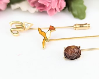 Assorted Vintage Stick Pins, Hat Pins, Coat Pin | Vintage Hat Pins Orange Bird, Caesar Cameo, Diamond W | Vintage Collectible Estate Jewelry