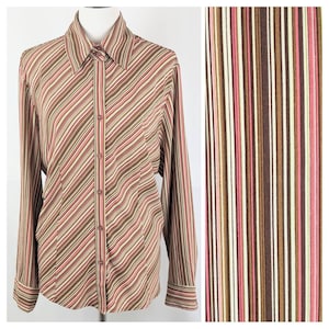 Funky Vintage Brown Pink Striped Blouse | Women&#39;s Long Sleeve Button Down Dress Shirt | Vintage 90s Ladies Striped Plus Sized Retro Top