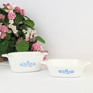 Vintage Corning Ware Cornflower Blue Petite Dish Set | White Blue Vtg Kitchen Cookware Small Casserole Dish Set | Ovenware Oven Pans P41 P43
