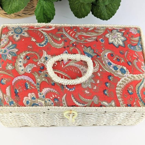 Vintage Wicker Sewing Box Red Paisley Fabric Lid | 1950s Lidded Sewing Basket with Built-in Pin Cushion | MCM Sewing Organization Container