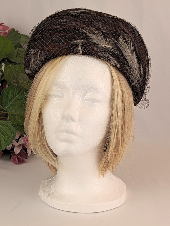 Ladies Fancy Vintage Brown Black Feather Hat | Vi… - image 6