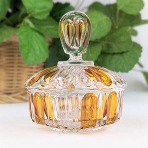 Amber Flashed Glass Trinket Dish with Lid | Vintage Clear Amber Cut Crystal Lidded Vanity Bowl | Orange Marigold Small Glass Dish Catchall