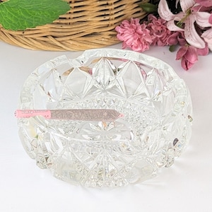 Large Round Antique Cut Crystal Ashtray | Large Clear Glass Coffee Table Cigar Ashtray | Vintage Heavy American Brilliant Cut Glass Ashtray