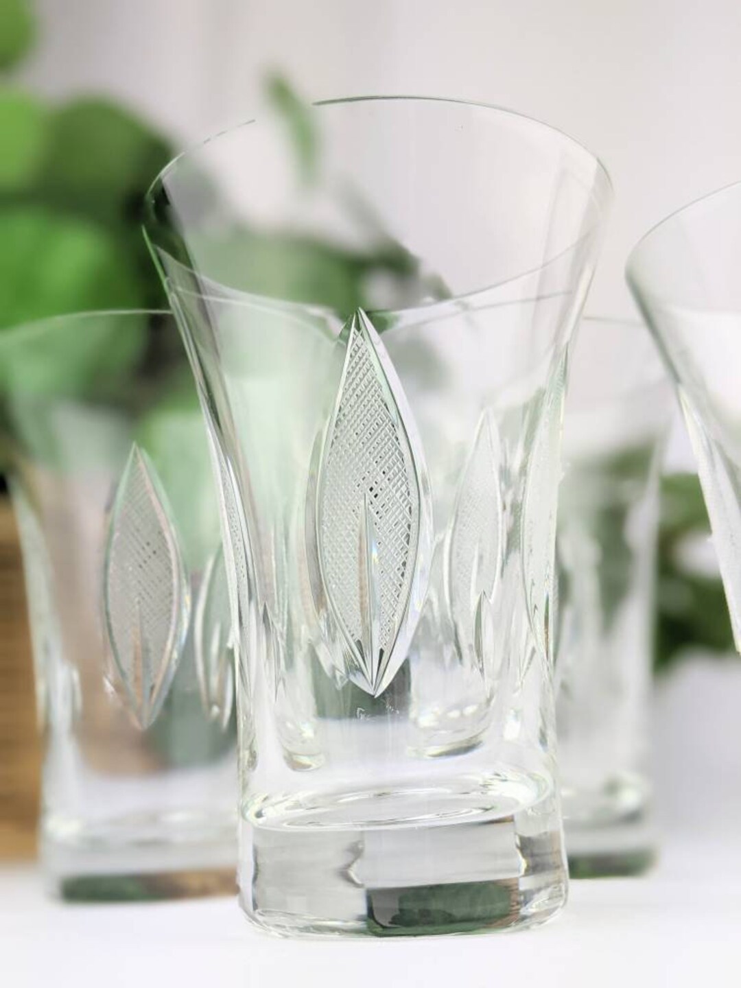 Set of 4 Vintage Clear Etched Glass Drinking Glasses Heavy Bottom