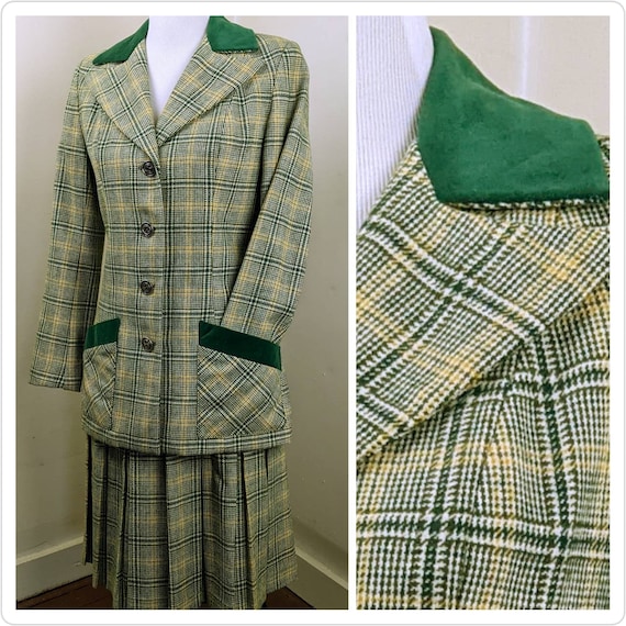 Vintage 1960s Women's Green Plaid Wool Suit | Vtg… - image 1