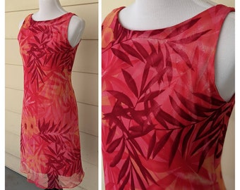 Women&#39;s Red Floral Summer Dress | Vintage 1990s Women&#39;s Sleeveless Red Pink Orange Dress | Stretch Sheer Low Back Dress Tropical Flowerss