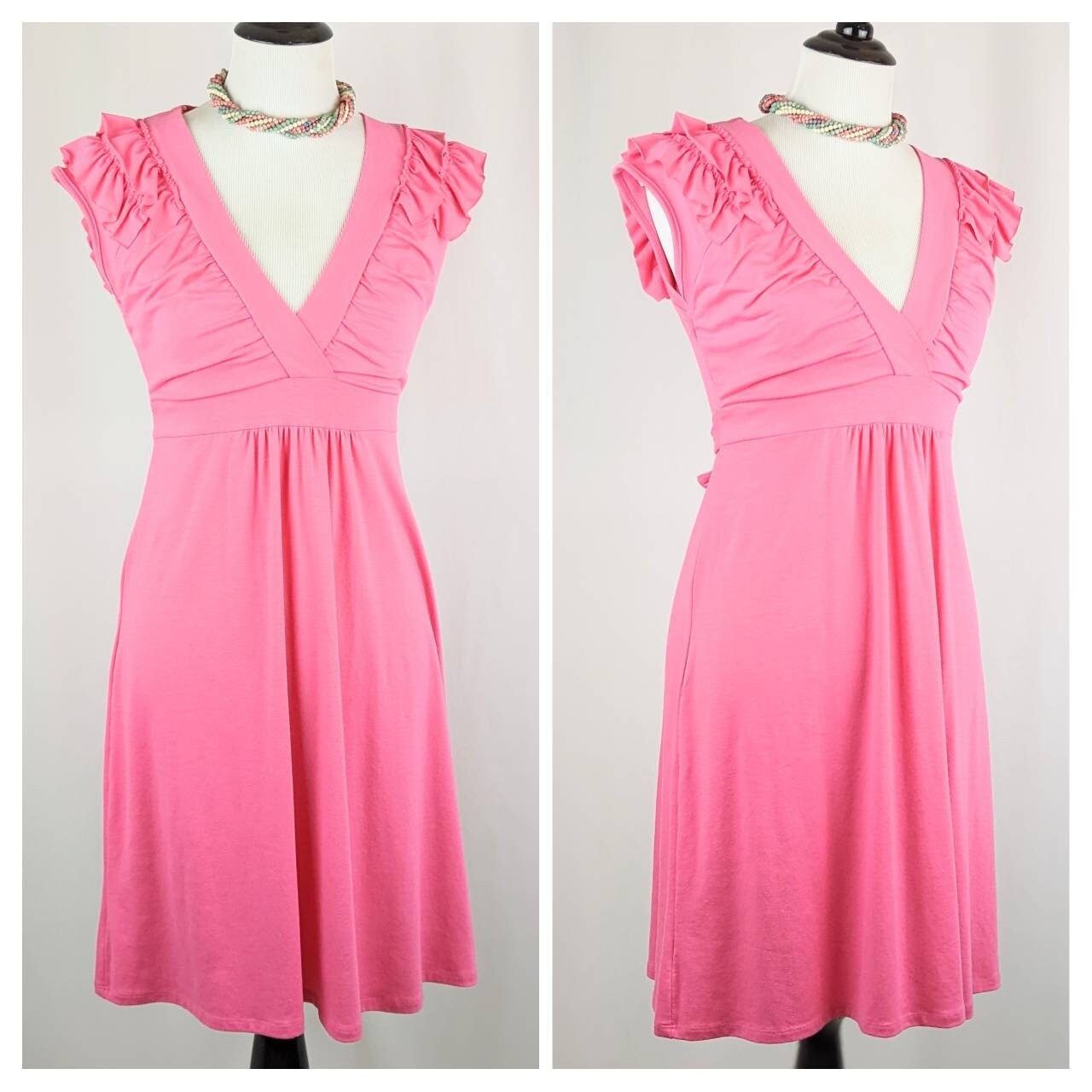 Ladies Bubblegum Pink Soft Jersey Knit Pullover Dress | Vintage 1980s Womens V-Neck Sundress | 80s Candies Ruffled Shoulder Springtime