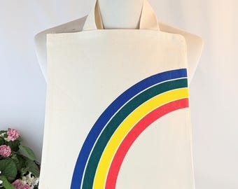 1970s Canvas Rainbow Craft Tote Bag | Retro NOS Vintage Canvas Bag Primary Colors Carryall Tote | Vintage Library Book Sack Primary Colors