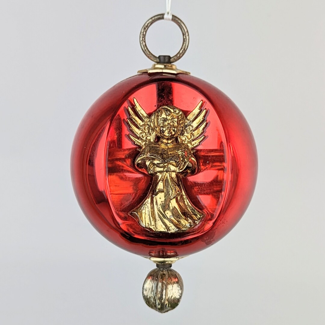 Vintage 3 Red Gold Round Ball Angel Ornament 1970s Heavy Weighted