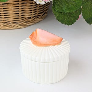 May include: White ceramic trinket box with a ribbed lid and a pink seashell accent.