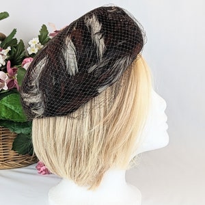 Ladies Fancy Vintage Brown Black Feather Hat | Vintage 1960s Large Feathered Formal Pillbox Hat | Mod Style 1960s Womens Feather Beret Cap