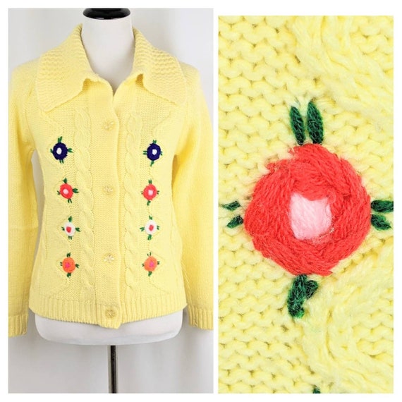 Vtg 1970s Lemon Yellow Women's Cardigan 