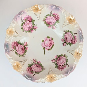 Antique Porcelain Serving Bowl Pink Roses Gold Trim | Vintage Large Decorative Bowl Luster Glaze | Vintage Cottage Wedding Centerpiece Bowl
