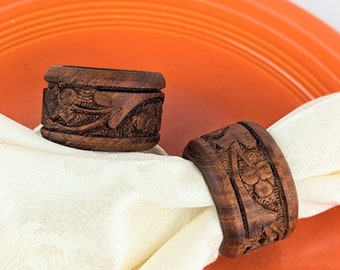 Carved Wood Napkin Rings | Set of 2 Vintage Hand Carved Round Napkin Holders | Brown Wooden Floral Etched Circle Napkin Ring Holders