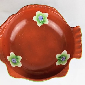 Vintage Fish Shaped Ceramic Bowl | Hand Painted Made in Japan Burnt Orange Bowl | 1970s Orange Floral Bowl