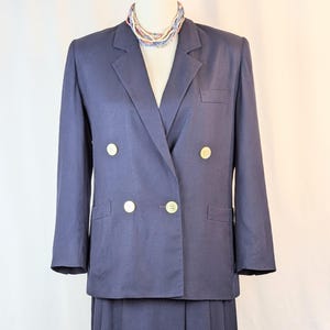 Vintage 90s Navy Blue Skirt Blazer Set | Womens Navy Blue Skirt Suit Set Size 8P | Classic 1990s Banker Accountant Two-Piece Womens Suit Set