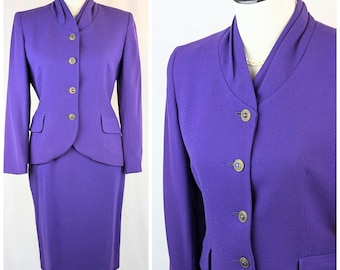 Women&#39;s Vintage 90s Purple Wool Skirt Suit Set Sz 6P | Bold Purple Jones Ladies Small Jacket & Skirt Suit Set | 90s Wool Business Suit Sz 6P