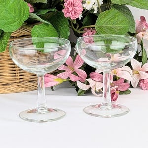 Set of 2 Clear Glass Champagne Coupes or Sherbet Glasses | Mid-20th Century French Handblown Stemware | Pair of Vintage Minimalist Glassware