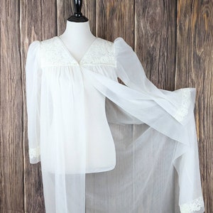 Vtg 1950&#39;s Sexy White Sheer Negligee Robe | Women&#39;s Nylon See-through Puffy Sleeve Sheer Duster | White Lace Nylon Peignoir Robe Sz S