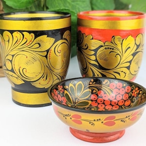 3 Piece Set Vtg Russian Khokhloma | Black Gold Hand Painted Wooden Lacquer Bowl | Curly Leaves Red Gold Russian Folk Art USSR Collectible