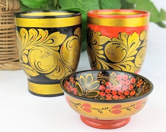 3 Piece Set Vtg Russian Khokhloma | Black Gold Hand Painted Wooden Lacquer Bowl | Curly Leaves Red Gold Russian Folk Art USSR Collectible