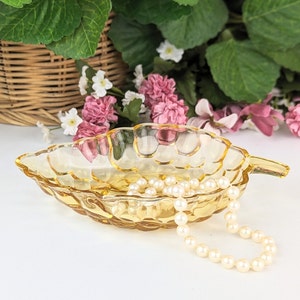 Vintage Yellow Pressed Glass Vanity Tray Leaf Shape | 7.25&quot; Amber Bubble Glass Dresser Dish | Pretty Marigold Trinket Vanity Jewelry Dish