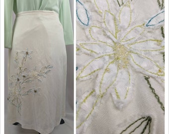 Vintage 1990s Women's Embroidered Spring Skirt | Vtg Women's White Floral Pastel Print Skirt | Preppy Izod Beaded Linen Skirt