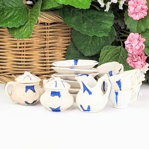 Antique Porcelain Blue White MIniature Tea Set 17pc | Vintage Porcelain Mini Tea Set for Six | Child&#39;s Tea Set Pretend Play Setting for Six