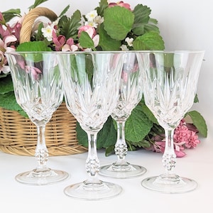 Set of 4 Vintage Crystal Water Goblets | Vintage Clear Lead Crystal Capri Stemware Water Glasses | Capri Wine Glass Faceted Hexagonal Stem