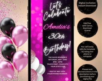 Invitación a la fiesta de cumpleaños digital número 30 / Invitación a la fiesta de cumpleaños número 30 digital / Invitación editable / Invitación animada / Sin residuos /