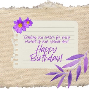 Może przedstawiać: Kartka urodzinowa z fioletowym wzorem kwiatowym i tekstem "Sending you smiles for every moment of your special day! Happy Birthday!"