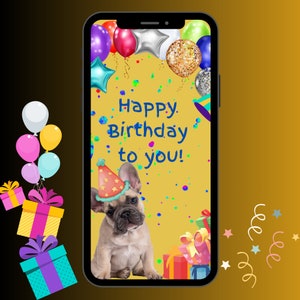 Gelukkige verjaardagskaart | Geanimeerde verjaardagskaart | Stuur liefde | Digitaal | Franse Bulldog | Ballonnen | Afvalvrij