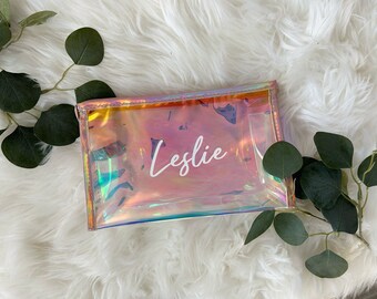 Custom Pink Holographic Travel Cosmetic Bag | Makeup Toiletry Bag