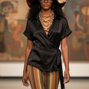 BCBG 100%シルクラップブラウス サイドジップ Y2K オフィスサイレン ブラックタイトップ L 画像 1