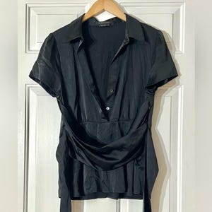 BCBG 100%シルクラップブラウス サイドジップ Y2K オフィスサイレン ブラックタイトップ L 画像 9