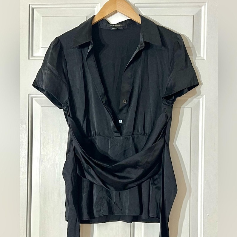 BCBG 100%シルクラップブラウス サイドジップ Y2K オフィスサイレン ブラックタイトップ L 画像 9