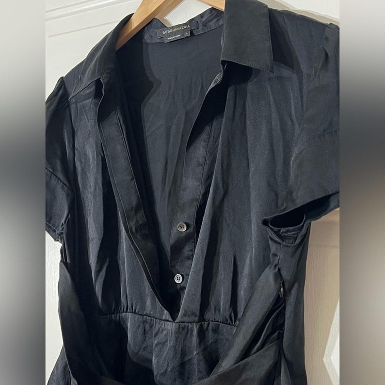 BCBG 100%シルクラップブラウス サイドジップ Y2K オフィスサイレン ブラックタイトップ L 画像 4