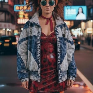 May include: A person in a denim jacket, red patterned dress, and round sunglasses. They are wearing a floral headband, green and orange diamond-patterned leggings, and a red necktie. The background is a city street.