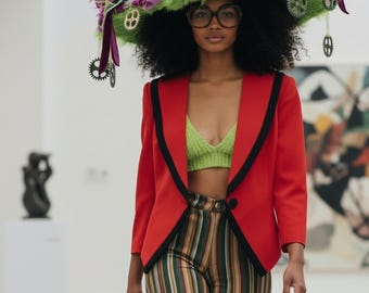 ヴィンテージ BICCI NY 100% ウール レッド ブラック パッド入りショルダー クロップドブレザー 80年代 90年代 マフィア風 ダガーカラー ディーププランジ